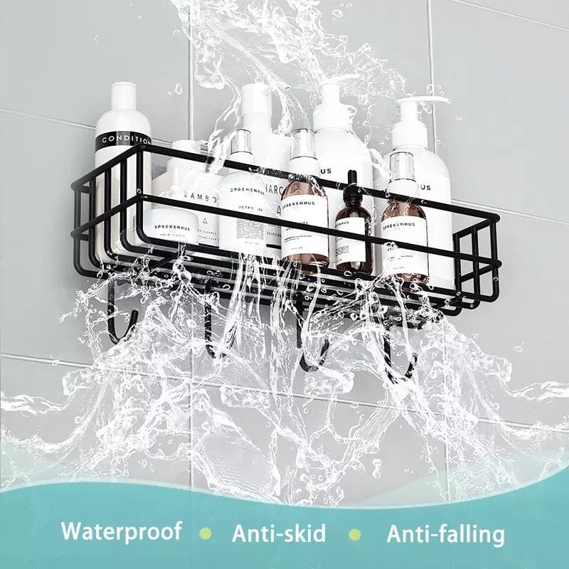 Wall Mounted Bathroom Hanging Shelf, Iron Shampoo Holder, Wall Mounted Floating Rack With Hooks, Bathroom Shower Storage Rack Wall Mounted Bathroom Hanging Shelf, Iron Shampoo Holder, Wall Mounted Floating Rack With Hooks, Bathroom Shower Storage Rack
